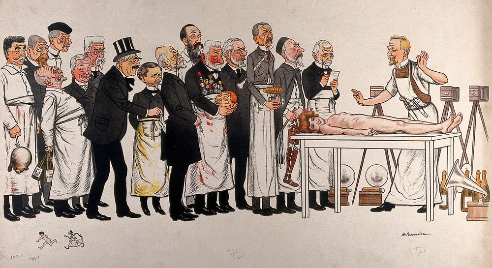 Sixteen French doctors with attributes of their specialties. Colour lithograph by A. Barrère, ca. 1906.