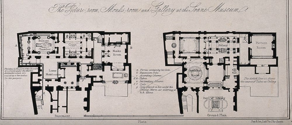 Sir John Soane's House and Museum: plans of the basement and ground floors, showing the heating arrangements. Lithograph by…