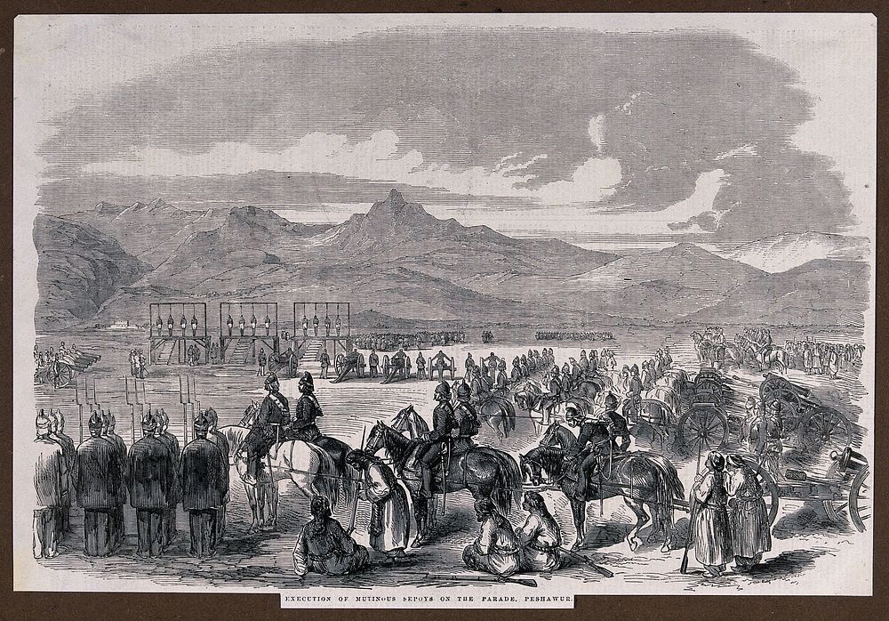 The execution of twelve mutineers at Peshawar; guards on horseback and guards holding spears; mountains in the background.…