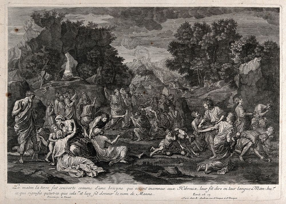 The people of Moses receive manna from heaven in the wilderness. Engraving by B. Audran I after N. Poussin, 1637-1639.