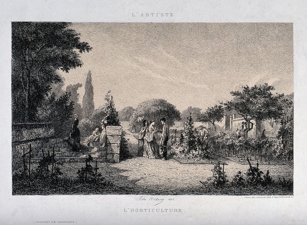 An ornate formal garden with people talking, and gardeners working. Etching by E. Hedouin, 1856.