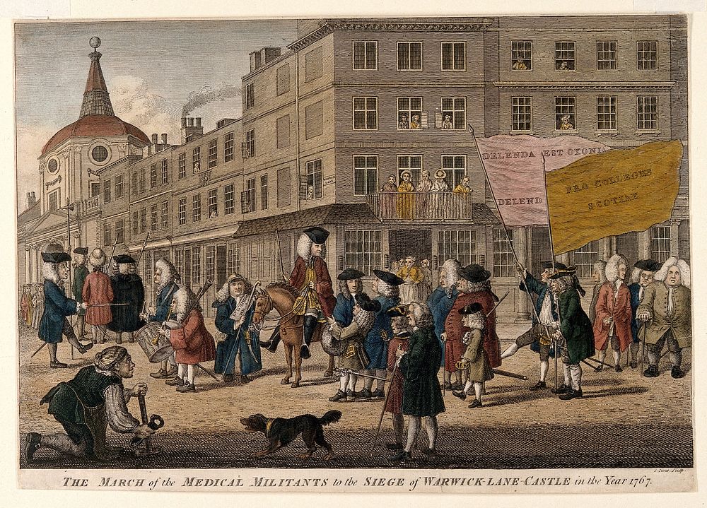 Protesting licentiates marching to the Royal College of Physicians in 1767. Coloured etching by J. June, 1768.