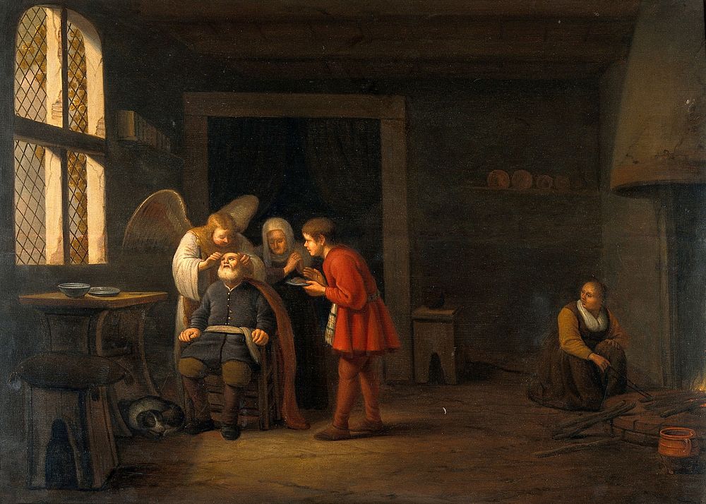 The angel Raphael curing the blindness of Tobit. Oil painting by Hendrick Martensz. Sorgh, 16--.