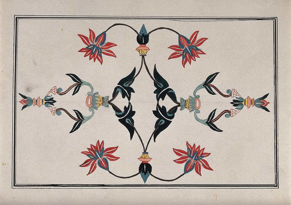 A floral pattern for pietra dura (marble inlaid with semi-precious stones). Gouache painting by an Indian artist.
