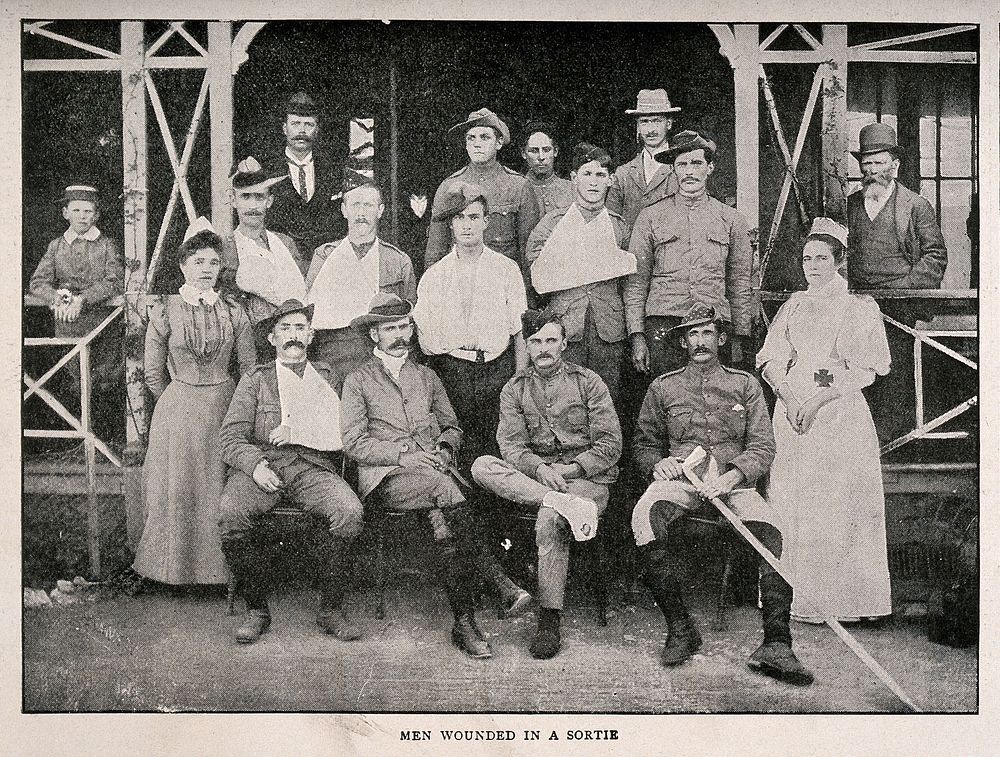 Boer War: a group of soldiers wounded during the siege of Kimberley, South Africa. Process print after Bennett, 1899.