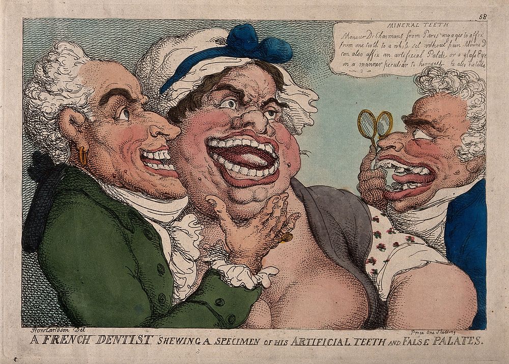 N. Dubois de Chémant demonstrating his own and a woman's false teeth to a prospective male patient with disordered teeth.…