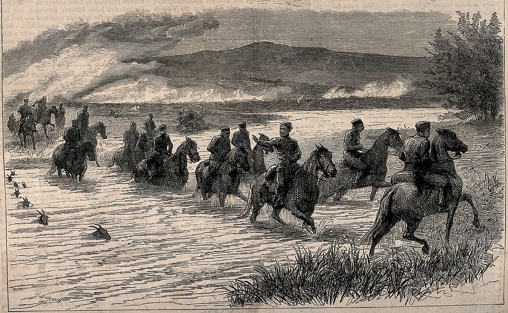 Dr Mackellar and Red Cross staff crossing the Morava river after the Battle before Alexinatz, Serbia. Wood engraving by G.…