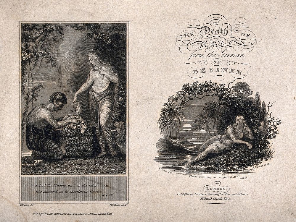 Adam sacrifices a lamb, which Eve scatters with flowers (left); Thirza mourns by the water (right). Etching by R.B. Peake…