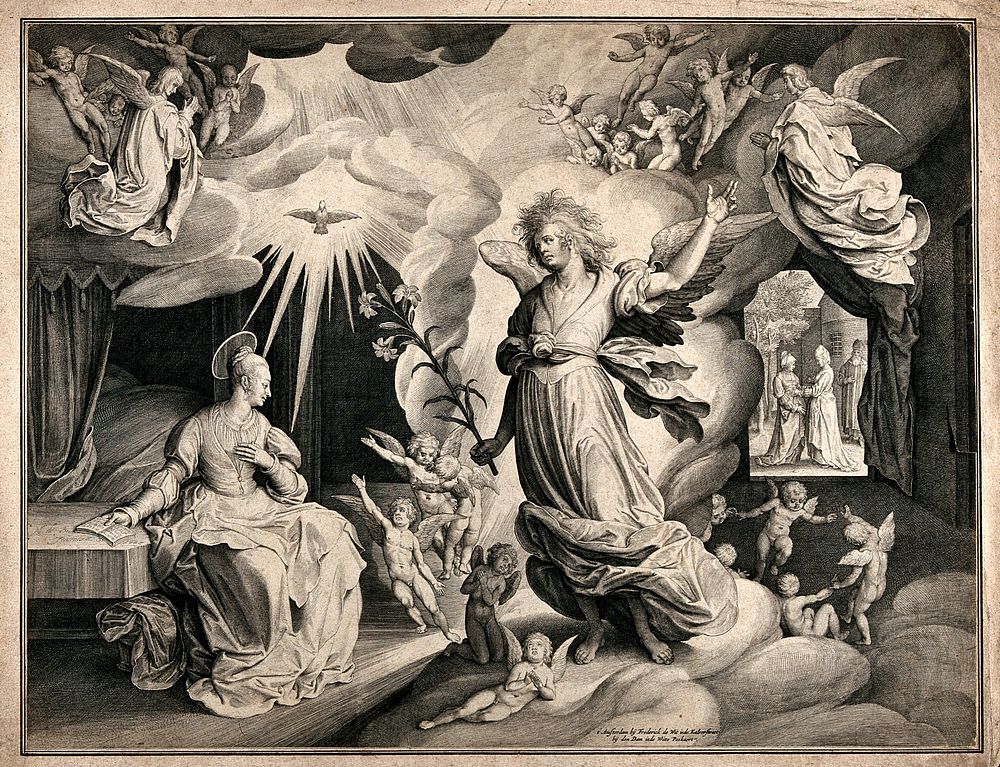 The Annunciation to the Virgin. Engraving by N. de Bruyn, 1622.