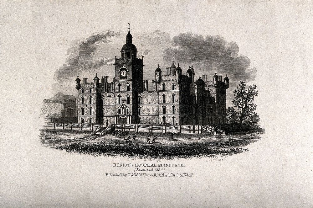 Heriot's Hospital, Edinburgh: boys playing in the grounds. Etching by T. Flowers after W. Wallace.