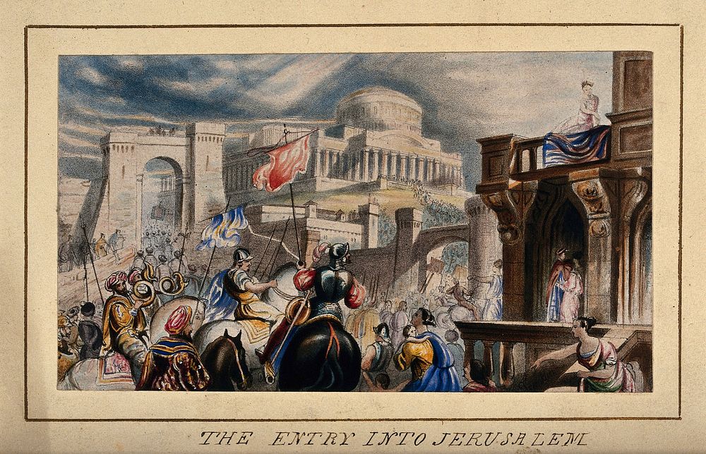An army entering into Jersualem by force. Coloured chromolithograph after J. Franklin.