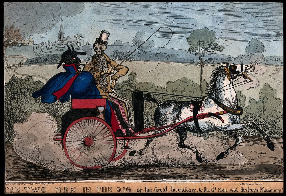The Devil and Death in a carriage. Etching by H. Heath, 1831.