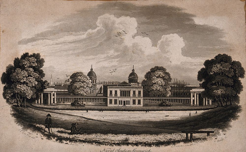 The Royal Naval Hospital and the Queen's House, Greenwich, the Isle of Dogs beyond. Aquatint by J. Baily after J. T. Lee…
