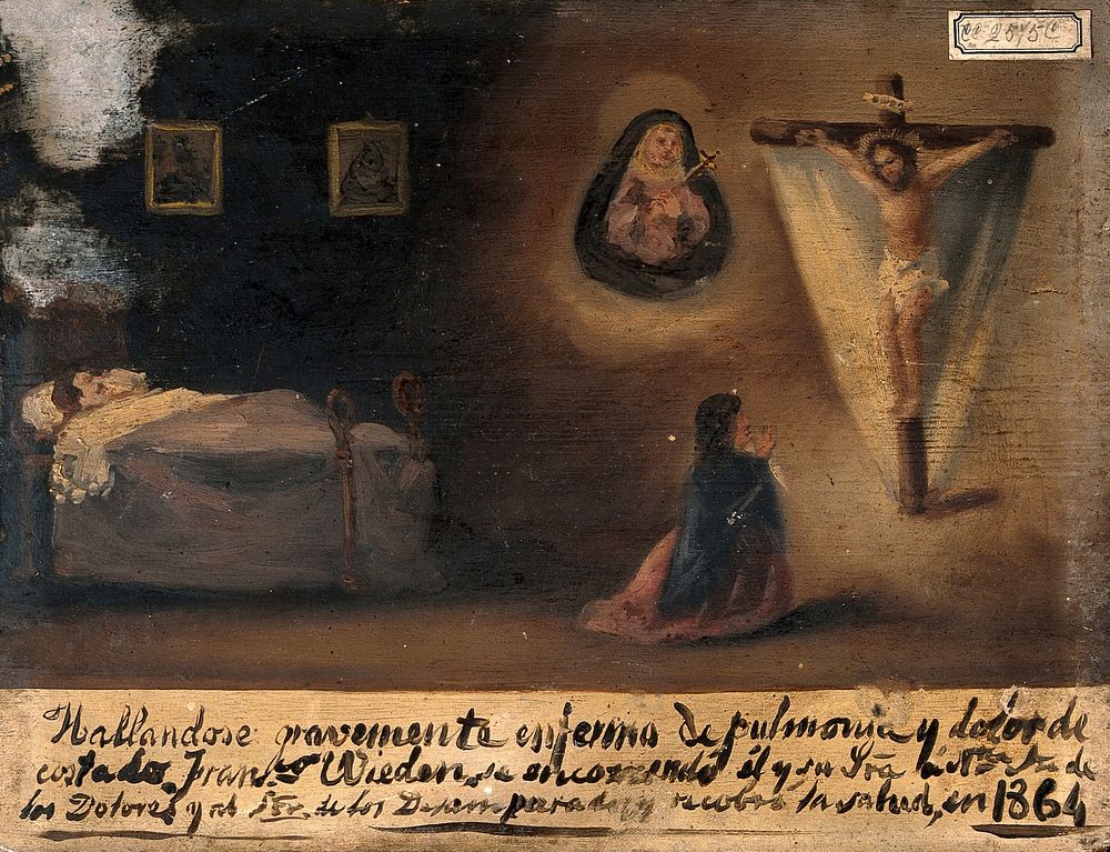 Francisco Wiedon  and his wife praying for cure of his pneumonia and pain in the side. Oil painting by a Spanish painter…