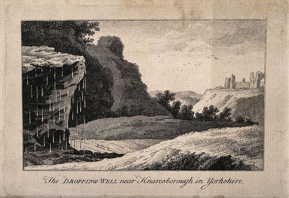 The Dropping Well, Knaresborough, Yorkshire, with the ruins of Knaresborough Castle. Line engraving.