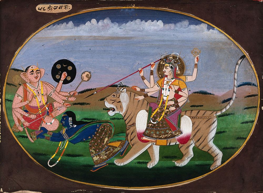 Durga seated on a tiger, points an arrow towards an blue-skinned female kneeling before a demon. Gouache painting by an…