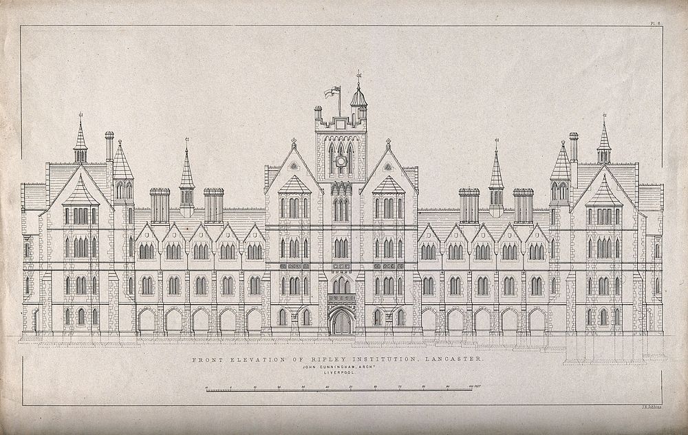 Ripley Institution, Ripley, Lancaster. Transfer lithograph by J.R. Jobbins after J. Cunningham.