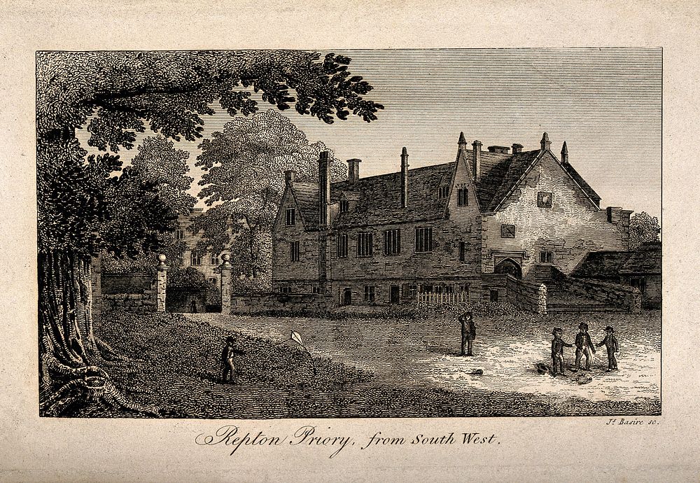 Repton Priory, Repton, Derbyshire: children playing outside the priory. Line engraving by J. Basire.