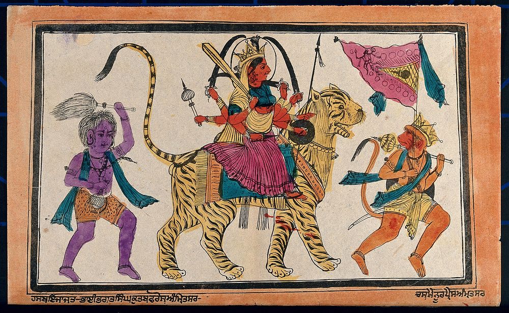 Durga riding on a tiger in triumph with Karthikeya and Hanuman. Coloured transfer lithograph.