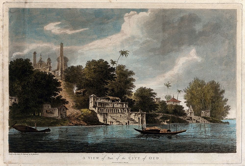 Ayodhya seen from the river Ghaghara, Uttar Pradesh. Coloured etching by William Hodges, 1785.