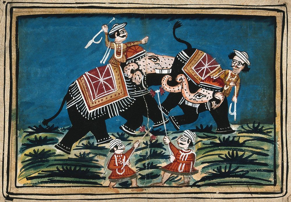 Two men on elephants and two men on the ground engaged in battle. Gouache painting by an Indian painter.