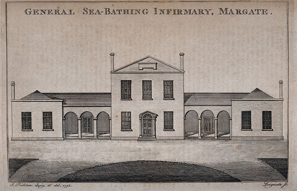 General Sea-bathing Infirmary, Margate, Kent. Line engraving by B. Longmate after J. Pridden, 1793.