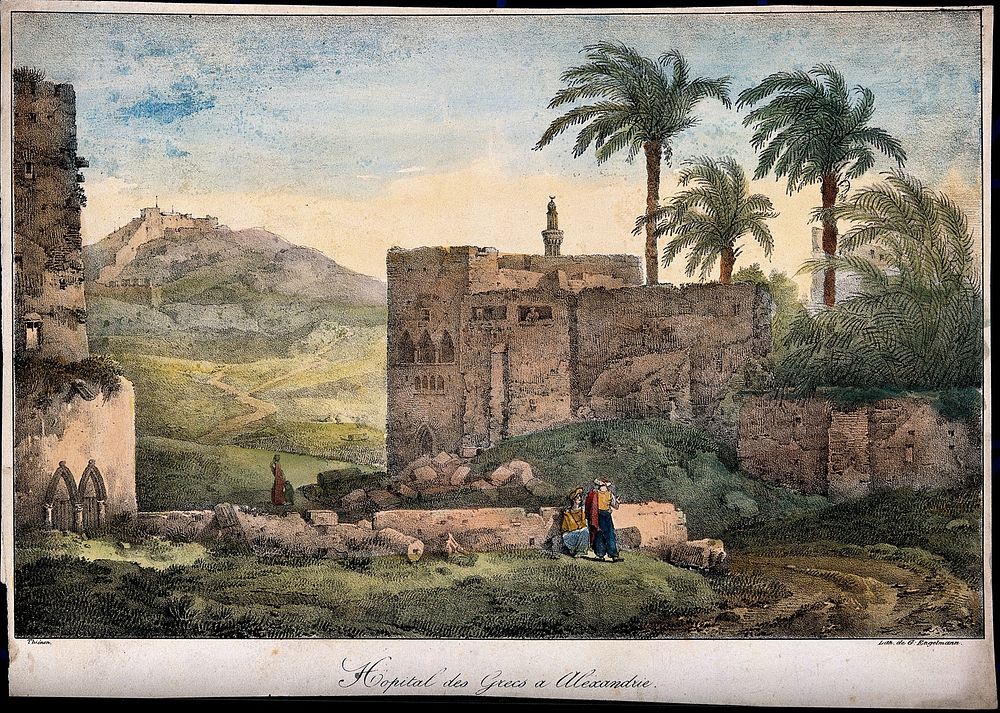 Hopital des Grecs and hilly grounds in Alexandria. Coloured lithograph by G. Engelmann after Thienen.