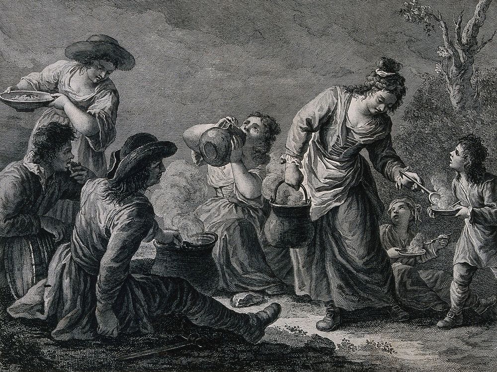 A travelling gypsy family enjoying a rest and a meal of soup, bread and wine. Engraving by F. Pedro after F. Maggiotto.