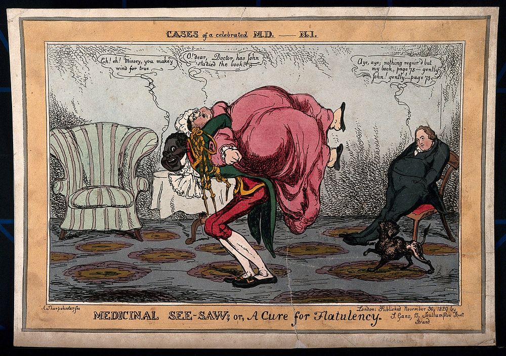 An obese woman hoisted upon her servant's back as her doctor's prescribed cure for flatulence. Coloured etching by A.…