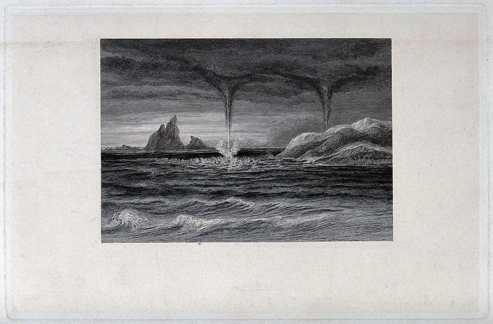 Geography: water spouts at sea. Engraving.