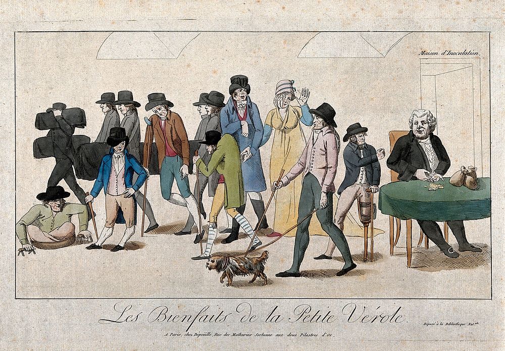 A parade of wretched, smallpocked people walk away from a doctor who counts his money. Coloured etching, c. 1800.