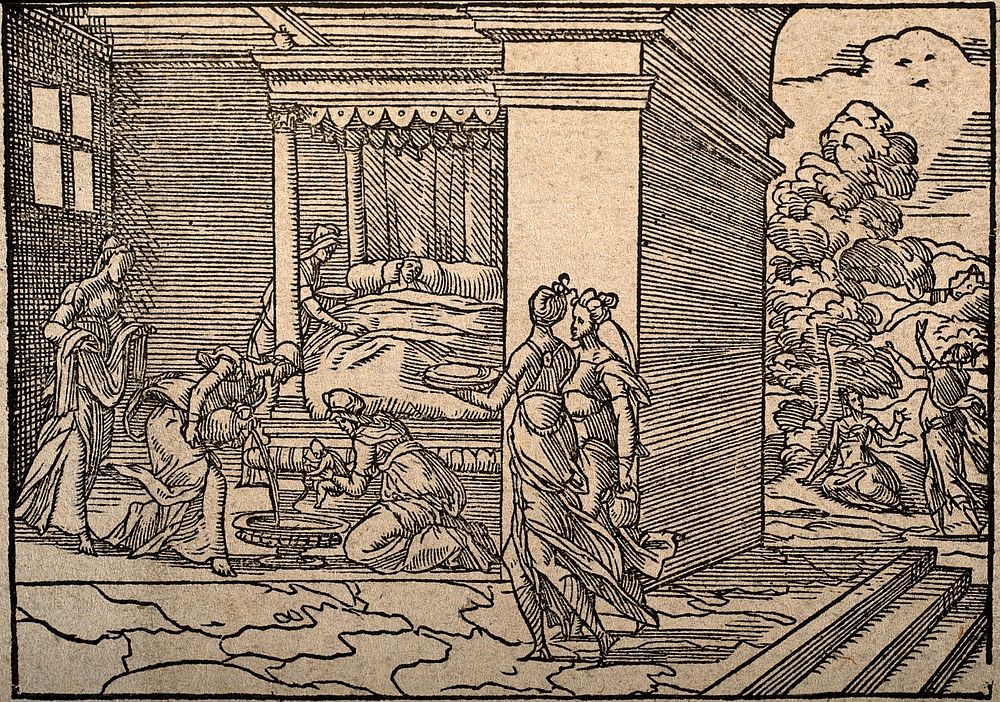 A new-born baby about to receive its first bath. Wood engraving.