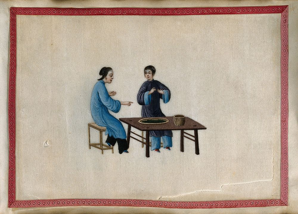 Two women grading  tea. Gouache by a Chinese artist, ca. 1850.