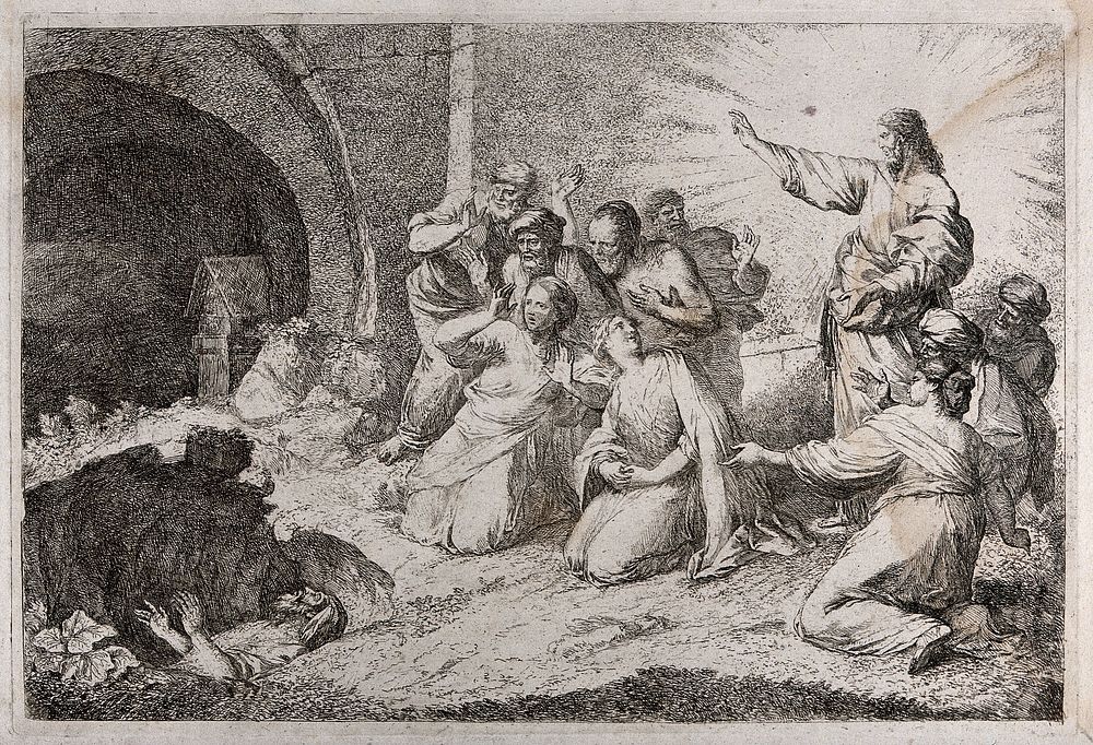 Christ raises Lazarus from his tomb. Etching by G. Zompini, 1758, after G.B. Castiglione.