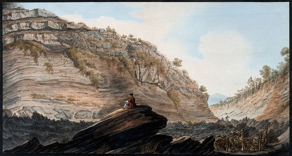 The Fossa Grande of Mount Vesuvius, showing the deep hollow ways cut by torrents of rainwater. Coloured etching by Pietro…