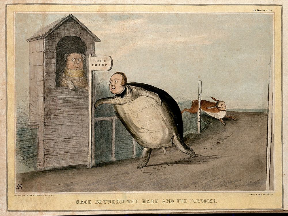 John Bull sits in a box, umpiring a free trade race between Sir Robert Peel as a tortoise and Lord John Russell as a hare.…