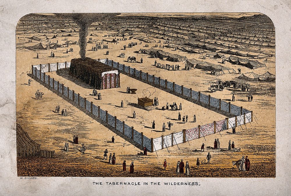 The tabernacle erected in the wilderness, surrounded by an enclosure and miles of tents. Coloured etching by W. Dickes.