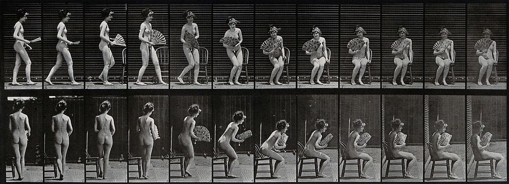 A woman sitting down on a chair and fanning herself. Photogravure after Eadweard Muybridge, 1887.