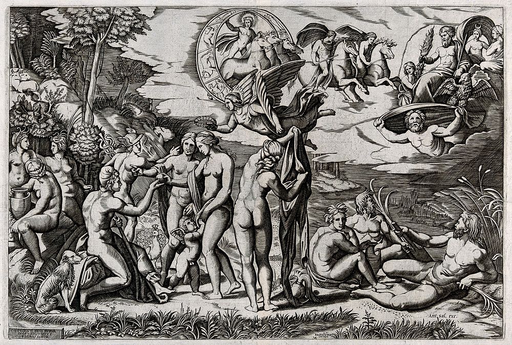 The judgment of Paris. Engraving by M.A. Raimondi after Raphael.