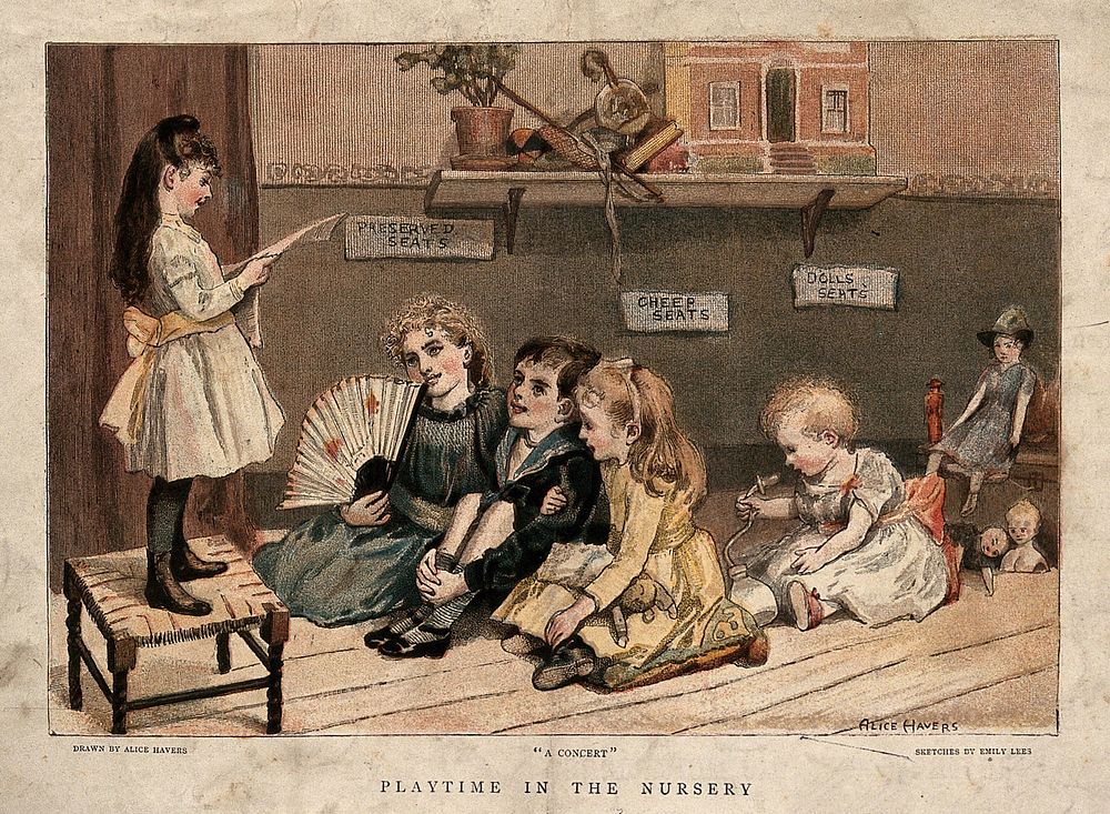 Children playing in their nursery: performing at and attending the theatre. Chromolithograph after E. Lees after A. Havers…