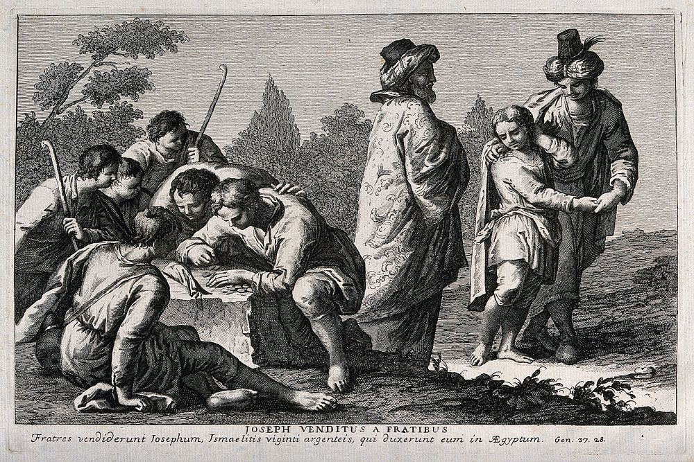 Joseph is sold by his brothers. Etching.
