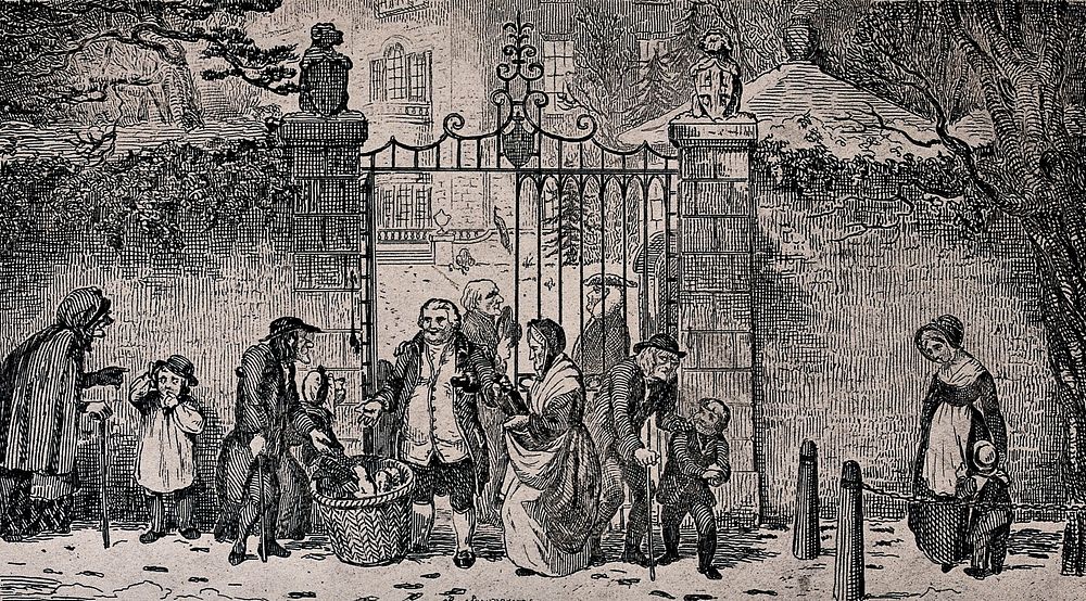 An English gentleman stands at the open gates of his mansion handing out food to the poor who are gathered around. Etching…