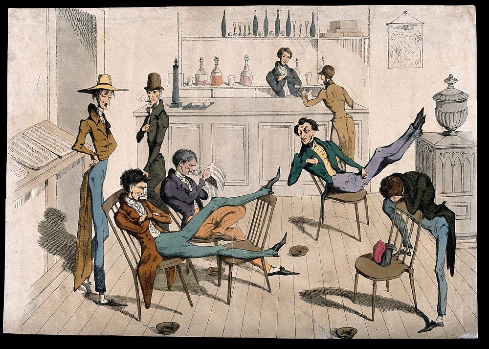 A club room where various men lounge about and one serves drink at a counter. Coloured etching, mid 19th century.