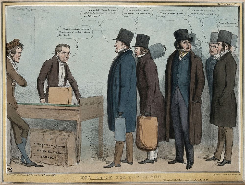 Sir Robert Peel leads a queue for a coach but is told by the keeper of the coach-office, James Abercromby (Speaker of the…