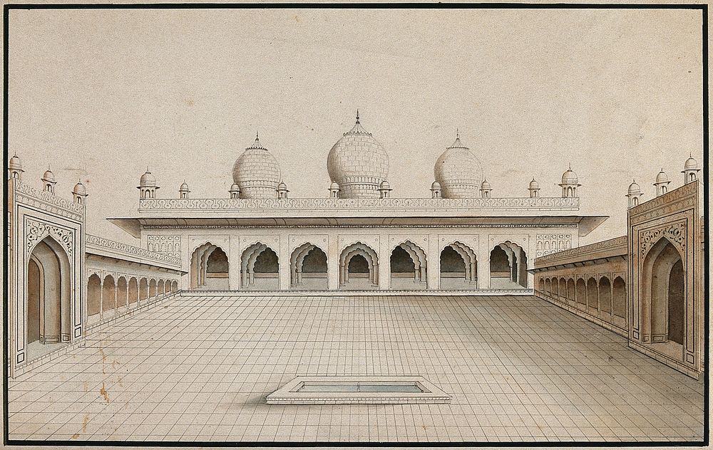 Agra Fort: Moti Masjid, view of the courtyard. Watercolour drawing by an Indian artist.