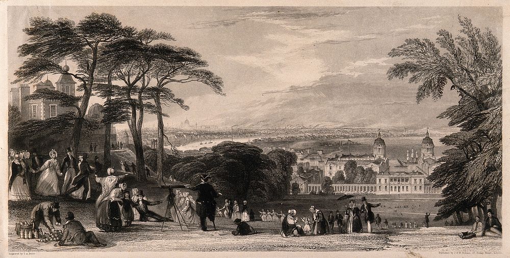 Greenwich Hill, with many visitors, London in the distance. Engraving by T. A. Prior.