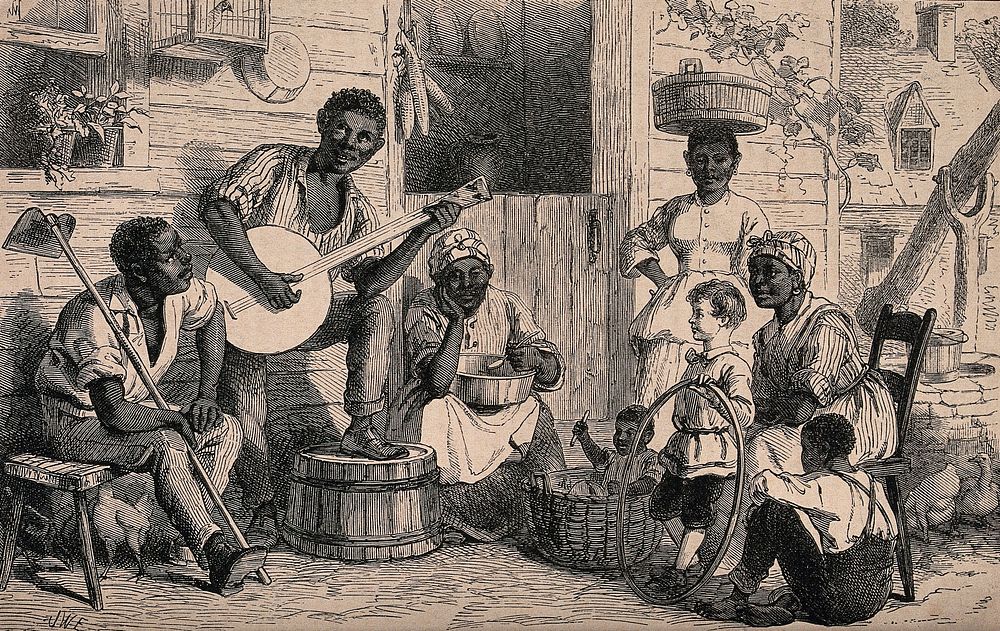 A black family sit outside a house listening to a man play on a banjo, attended by a white boy holding a hoop. Wood…