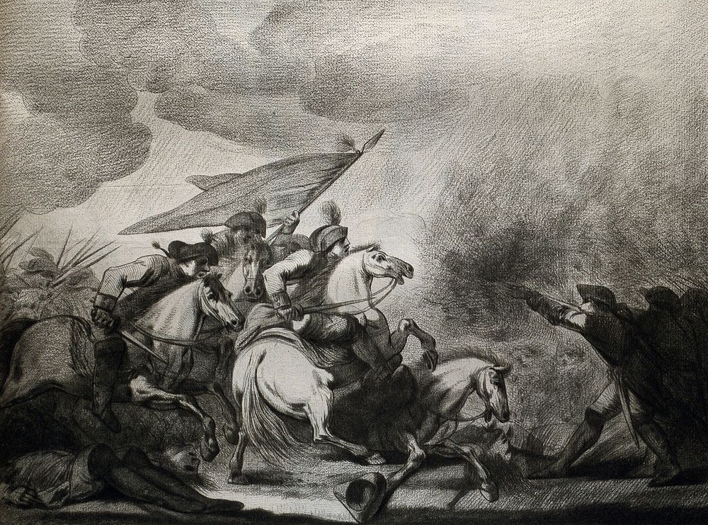 A battle scene. Crayon manner print by Lavalée after J. Gamelin, 1778/1779.