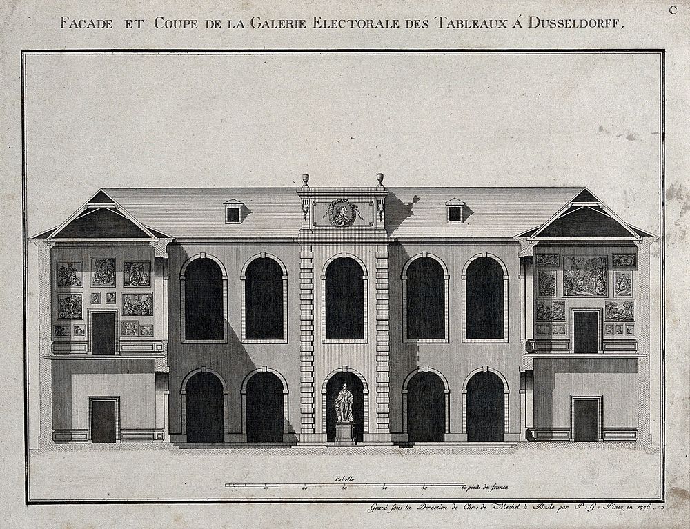 The electoral picture gallery at Düsseldorf: fącade elevation and cross-section of the wings. Engraving by P.G. Pintz, 1776.