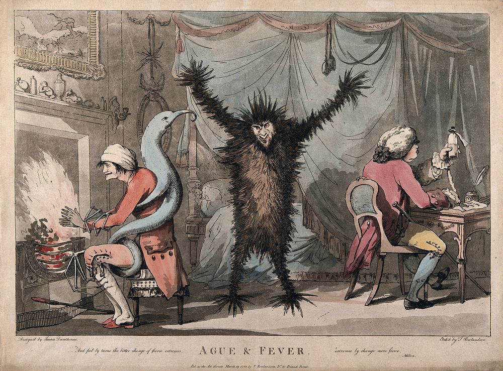 Fever, represented as a frenzied beast, stands racked in the centre of a room, while a blue monster, representing ague…
